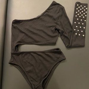 LF EMMA AND SAM BLACK ONE SHOULDER STUDS BODYSUIT NEW WITH TAGS